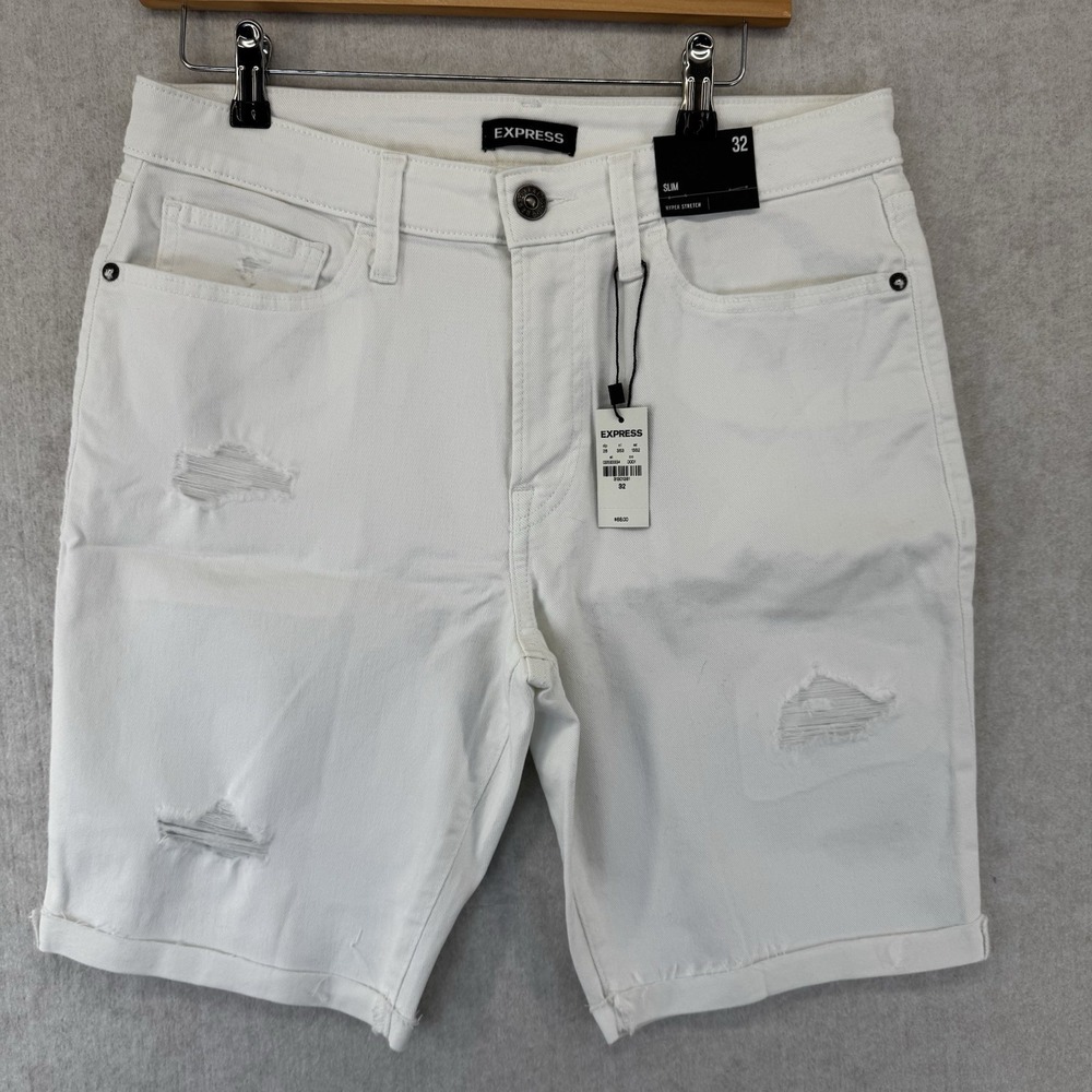 Express White Denim Shorts Men's Size 32 Slim Fit Distressed NWT